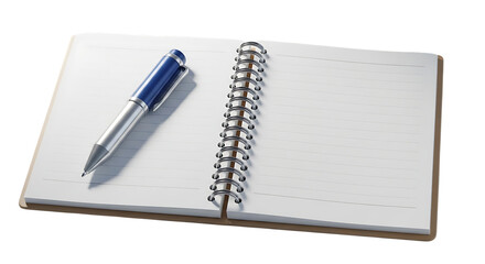 Open notebook with pen isolated on transparent background