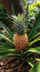 Ripe pineapple growing on its leafy plant in sunny outdoors