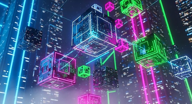 Digital city network: A vibrant display of interconnected cubes in an urban landscape depicting advanced technological
