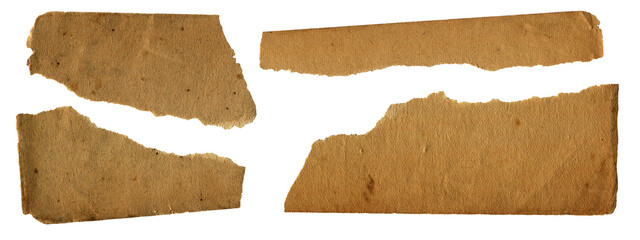Set of Old Brown Vintage Sticky Notes with torn edges. Retro paper elements for scrapbooking, collage and journal design, isolated on transparent background