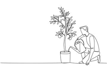 Single one line drawing a man watering a lemon tree in a pot using a watering can. Water it. Enjoy the results at harvest time. Plant a Lemon Tree Day. Continuous line design graphic illustration