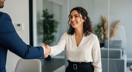 Businesswoman Shaking Hands With Male Colleague in Modern Office, Positive First Impression with Successful Business Partnership in Corporate Environment