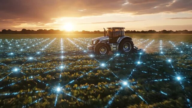 Smart Farming Tractor Cultivating a High Tech Digital Field.