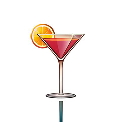A vibrant red cocktail in a martini glass garnished with an orange slice isolated on transparent background