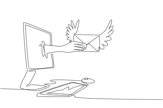 Single one line drawing hand holding winged envelope coming out of monitor screen. Taking advantage of the facilities. Send an Electronic Greeting Card Day. Continuous line design graphic illustration