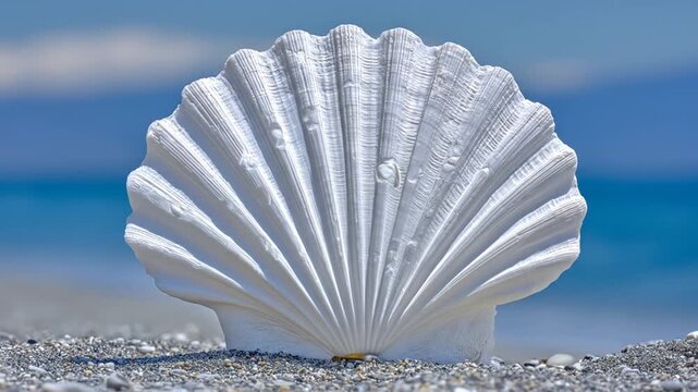 Close up of a white scallop shell on a sandy beach background