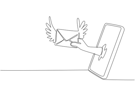 Continuous one line drawing hand holding winged envelope coming out of smartphone. Sending cards via app. Modern. Send an Electronic Greeting Card Day. Single line draw design vector illustration