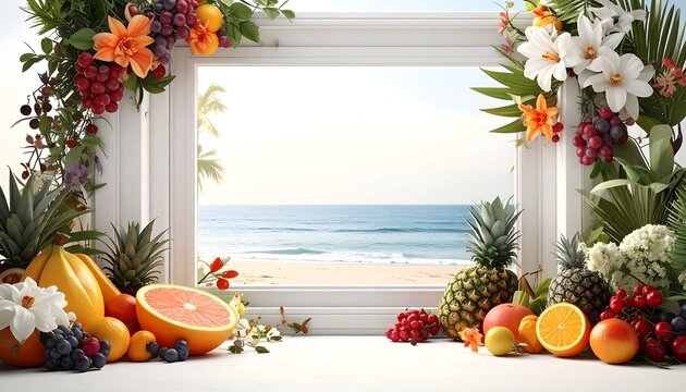 Fresh fruits by a window with ocean view