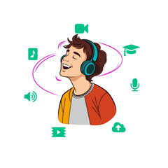 Happy Young Boy Listening to Music and E-learning via Smartphone. Concept of Digital Media Consumption and Entertainment