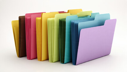Colorful row of office supply file folder for document organization. set of color coded folders standing in line