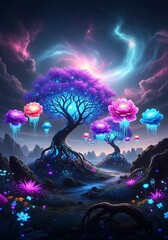 Fototapeta premium Enchanted cosmic landscape featuring vibrant flora and celestial ambiance