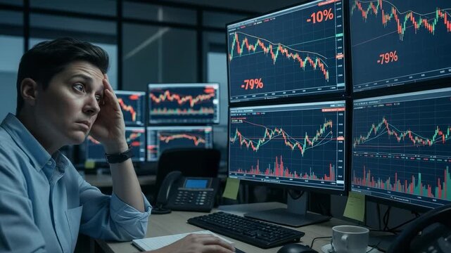 A young adult female trader analyzing financial market data on multiple computer screens, showing declining stock performance with various graphs and numbers in a corporate office environment.