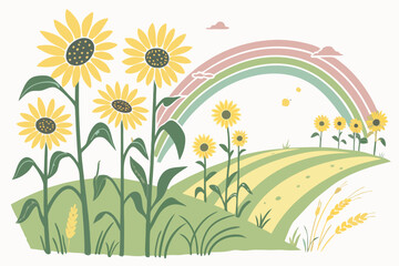 Obraz premium Sunflower field with pastel rainbow and rolling hills