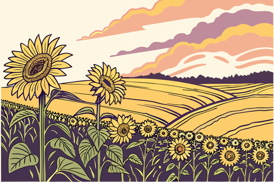 Sunflower field with rolling hills and colorful clouds