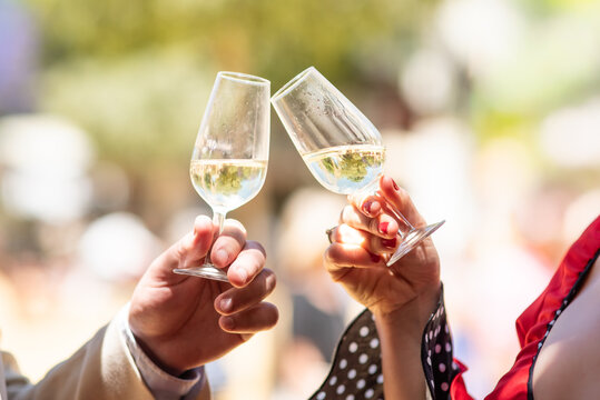 manos de una mujer y un hombre brindando con dos copas de vino fino manzanilla en la feria de jerez, andalucia, espa&ntilde;a