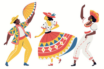 Three dancers in colorful traditional costumes on white background