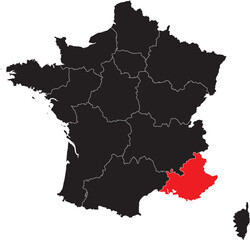 Provence Alpes- Cote d'Azur Region Highlighted on the France Map