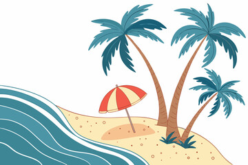 Tropical beach with palm trees and umbrella on white background