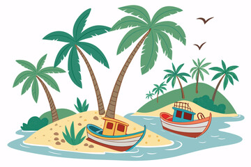 Obraz premium Tropical island scene with colorful boats and palm trees