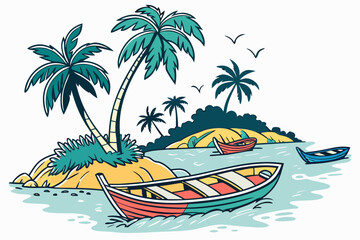 Tropical island with colorful boats and palm trees 1