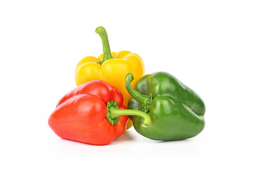 Three peppers are sitting on a white background