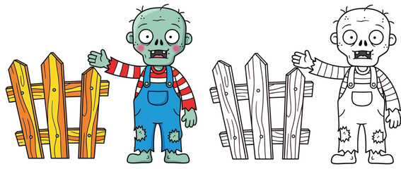 Cute Cartoon Zombie with Picket Fence Illustration - Vector Art for Halloween and Kids' Projects