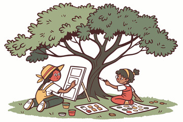 Two children painting under a large tree with colorful palettes