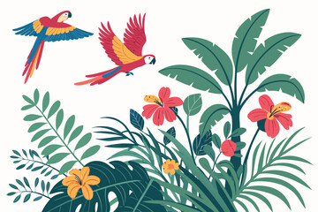 Two colorful parrots flying over jungle foliage macaw