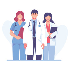 Diverse team of smiling doctors and nurses in medical scrubs and lab coats