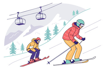 Two skiers descending a snowy mountain with ski lift