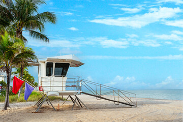 Lifeguard tower, Safeguard wood shelter in Ocean Rescue Service in Fort Lauderdale Beach. This...