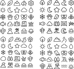 Minimalist Nature Icons Seamless Pattern Black and White Line Art.