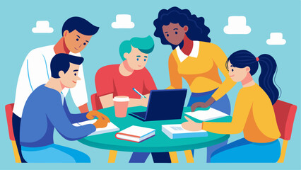 Fototapeta premium A group of students can be seen working together at a table collaborating and studying for an upcoming exam.