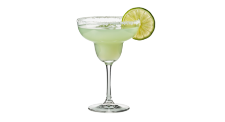 Refreshing lime margarita served in a glass with a salted rim and a lime slice on the side on a transparent background
