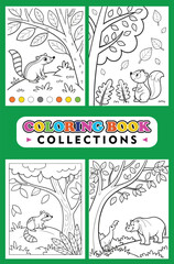 A Collection Of Coloring Book Pages With Cute Animals In Forest Scenes