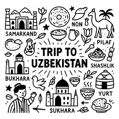 Uzbekistan culture doodle icons with Samarkand, madrasah, food, music and traditional lifestyle, Transparent Background