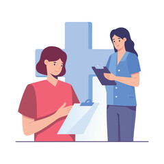 Obraz premium Two healthcare professionals in scrubs reviewing patient charts with a medical cross in the background
