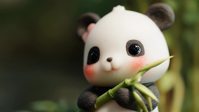 A cute, stylized panda figurine with black eyes and ears, holding bamboo. Its cheeks are blushed, set against a blurred green background