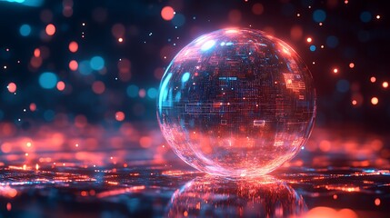 Glow orb reflecting a futuristic cityscape at night