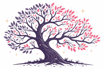 Whimsical tree with purple and pink leaves and glowing stars