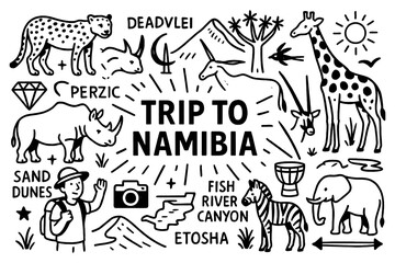 Namibia culture doodle icons with wildlife, desert, canyons and traditional lifestyle, Transparent Background