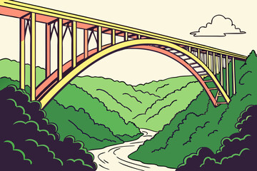 Fototapeta premium Yellow and coral arch bridge over green valley and river