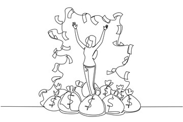 Single one line drawing woman standing on pile of money bags while throwing banknotes. Benefits beyond reason. Successful investment. Be a Millionaire Day. Continuous line design graphic illustration