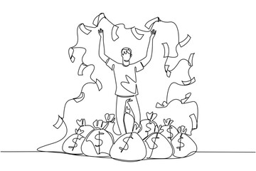 Single continuous line drawing a young man standing on a pile of money bags while throwing banknotes. A very satisfying achievement. Cheerful. Be a Millionaire Day. One line design vector illustration