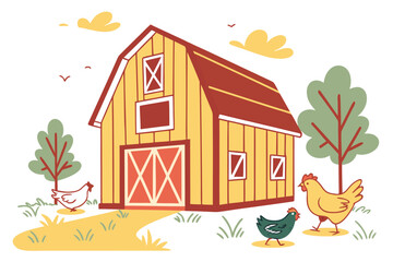 Yellow barn with red roof and chickens on white background