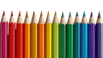 Colored pencils aligned precisely creating vivid artistic drawing materials arranged neatly rainbow spectrum stationery set isolated on white background