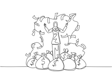 Continuous one line drawing Arab woman standing on a pile of money bags while throwing banknotes. An investment that never loses. Be a Millionaire Day. Single line draw design vector illustration