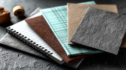 Assorted notebooks with textured covers, spiral binding, and plaid pattern in brown, teal, beige, and charcoal gray for office desk organization and minimalist workspace styling