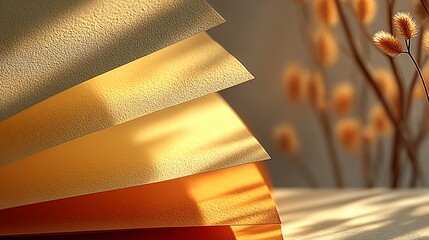 Layered Textured Paper Sheets in Warm Gold and Orange Hues with Sunlight Shadows and Soft Reed Background for Fall Design Projects