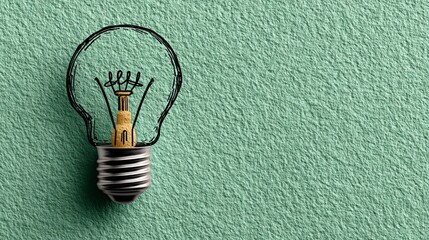 Hand-Drawn Light Bulb with Black Outline on Textured Green Background: Minimal Innovation Symbol for Creative Presentations, Business Concepts, and Inspiration Themes